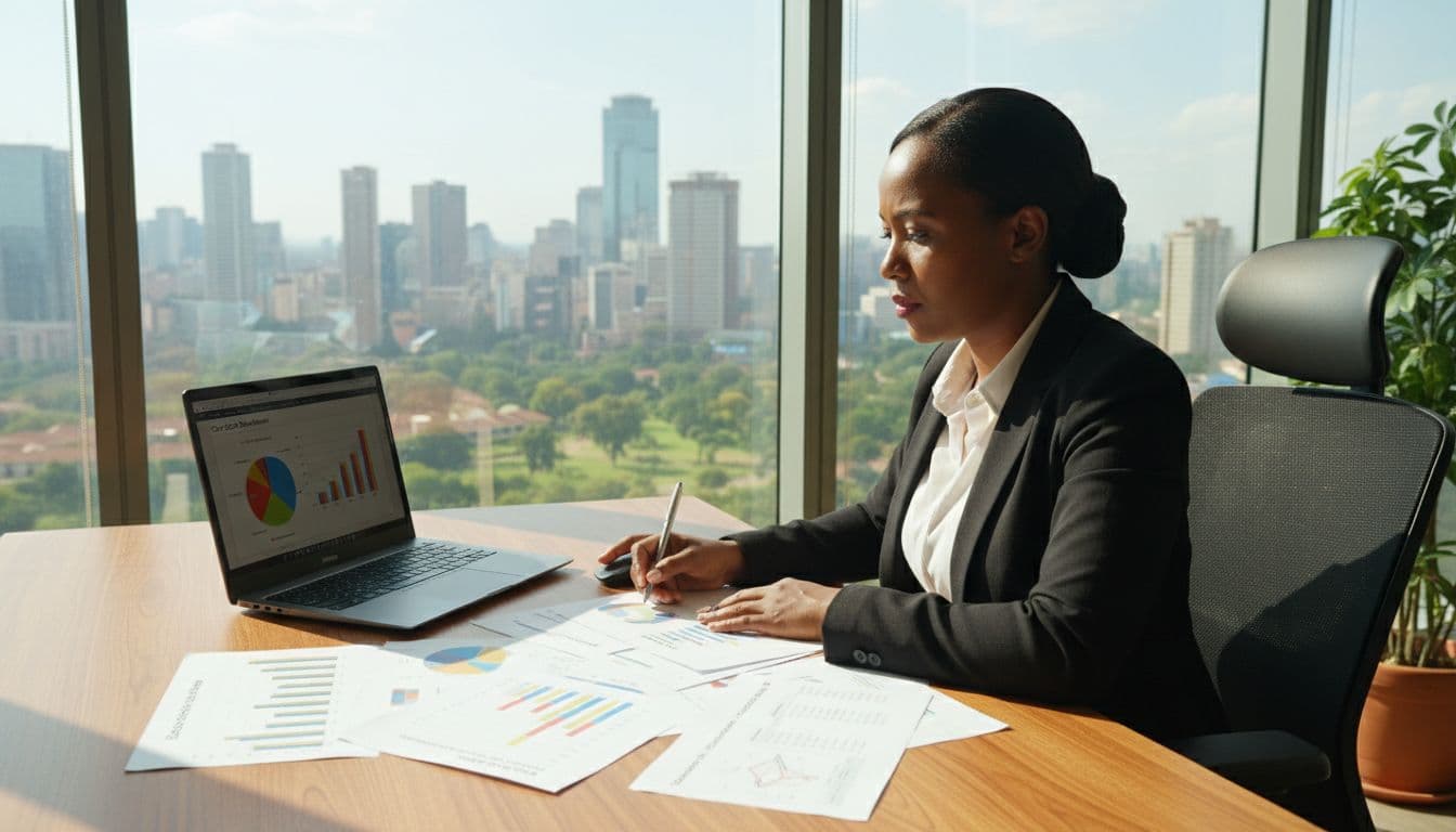 Kenyan business owner at desk in modern Nairobi office reviewing budget charts for WordPress website project, with city skyline view and natural daylight.