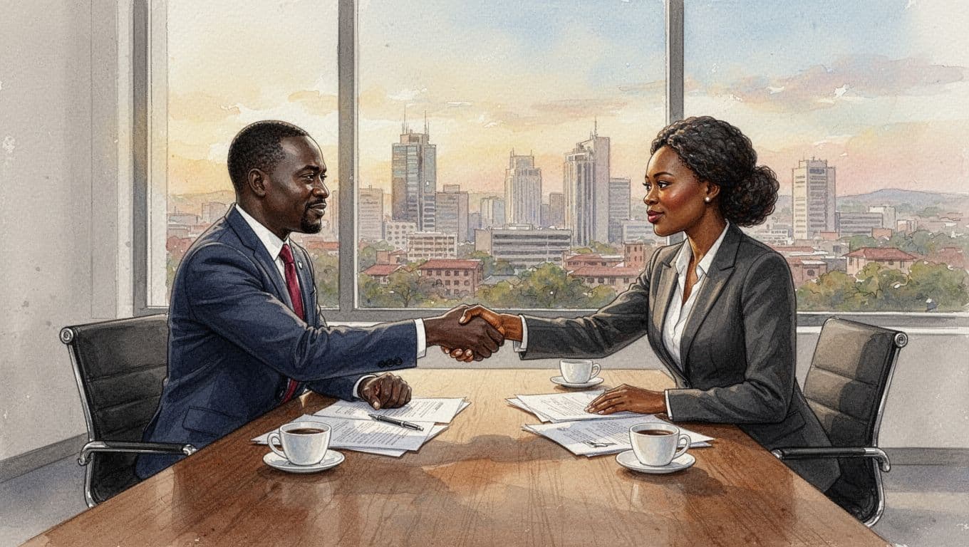Two Kenyan business partners, a man and woman in business attire, shake hands across a wooden table in a simple Nairobi office with city skyline and warm afternoon light, watercolor style showing relief and agreement.