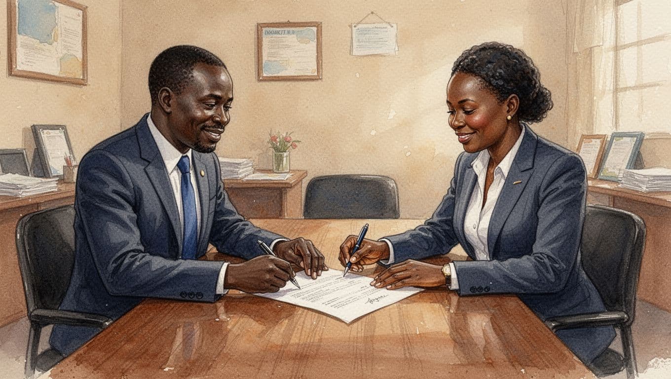 Two middle-aged Kenyan business partners, a man and woman in business attire, sign documents across a wooden table in a modest Nairobi office during a mediation session, with a neutral mediator smiling nearby, expressions of relief and partnership in watercolor style.