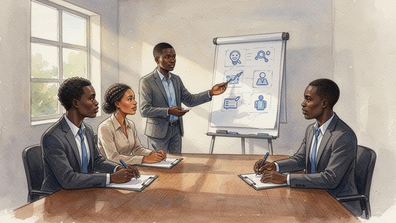 Kenyan business team of three in a simple conference room during data protection training, with facilitator pointing to flipchart icons and participants taking notes under natural window light, in watercolor style with soft blending.