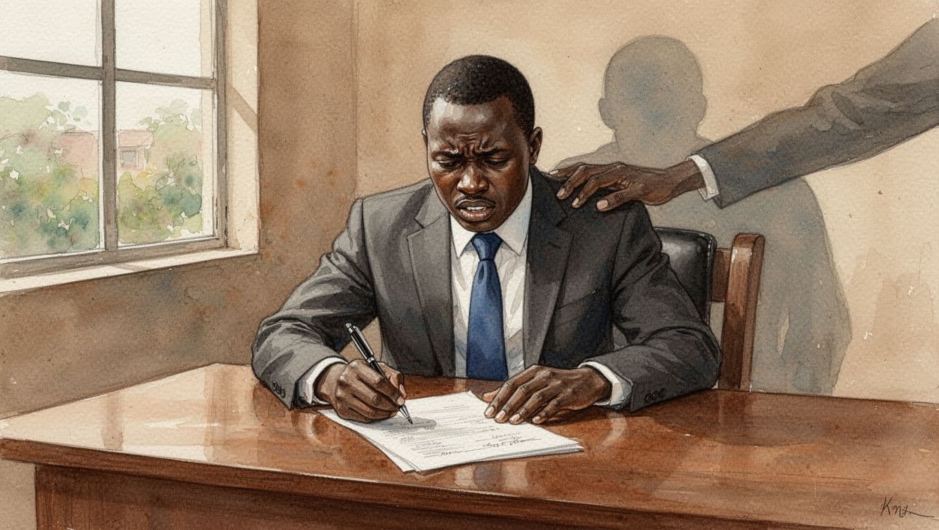 Kenyan businessperson in office attire looks distressed and hesitant while signing a contract on a wooden desk, with a subtle shadowy hand on their shoulder suggesting undue influence, in a simple Nairobi office with watercolor style.