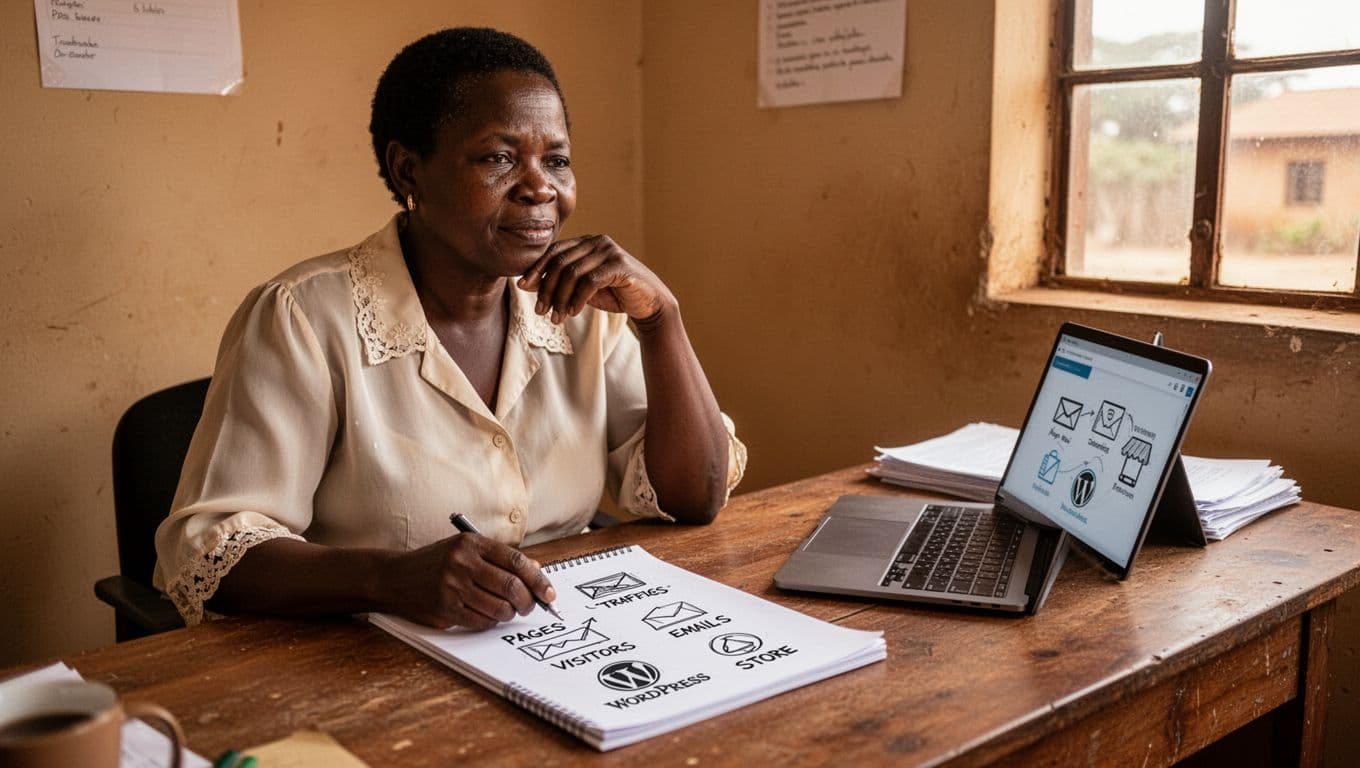 A middle-aged Kenyan woman, a small business owner in a neat blouse, sits thoughtfully at her simple Nairobi office desk with a notepad sketching website elements like pages, visitors, emails, and WordPress store icons, laptop nearby as reference, in natural daylight with warm earthy tones.