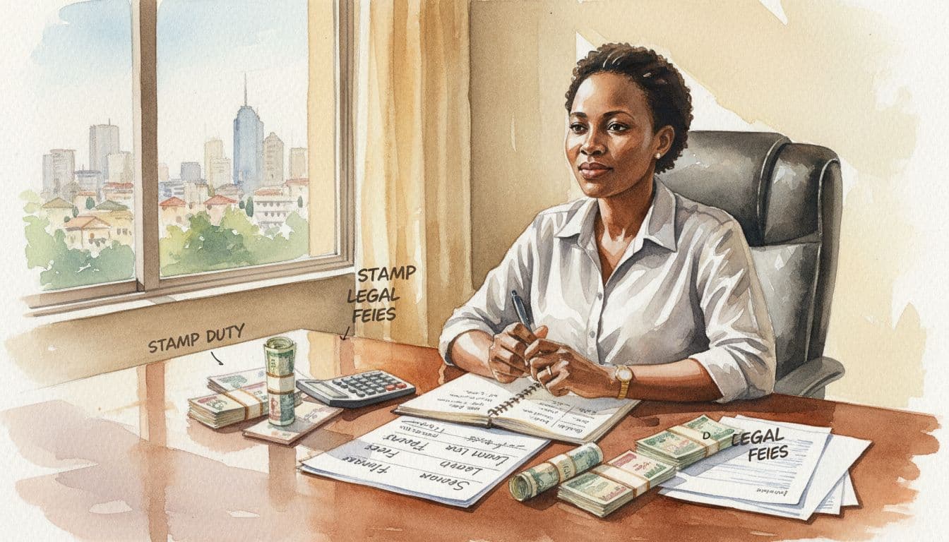 Kenyan advocate or buyer at a wooden desk in a bright office, surrounded by property documents, calculator, stacks of Kenyan shillings, bills for stamp duty and fees, and notepad with cost breakdowns, in watercolor style with warm earth tones.