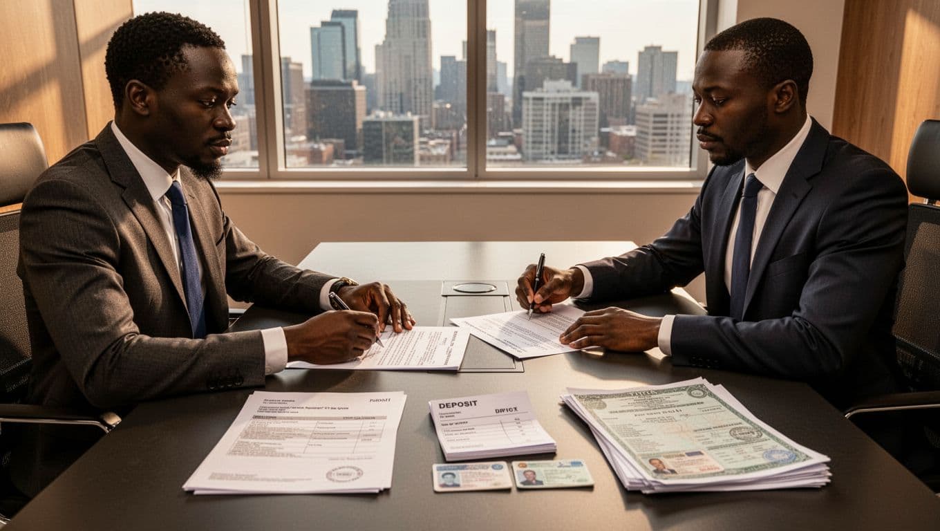 Kenyan buyer and lawyer seated at a desk signing a property sale agreement, deposit receipt nearby, title documents and ID copies on table, in a professional office with city window view, realistic photo style with warm lighting.