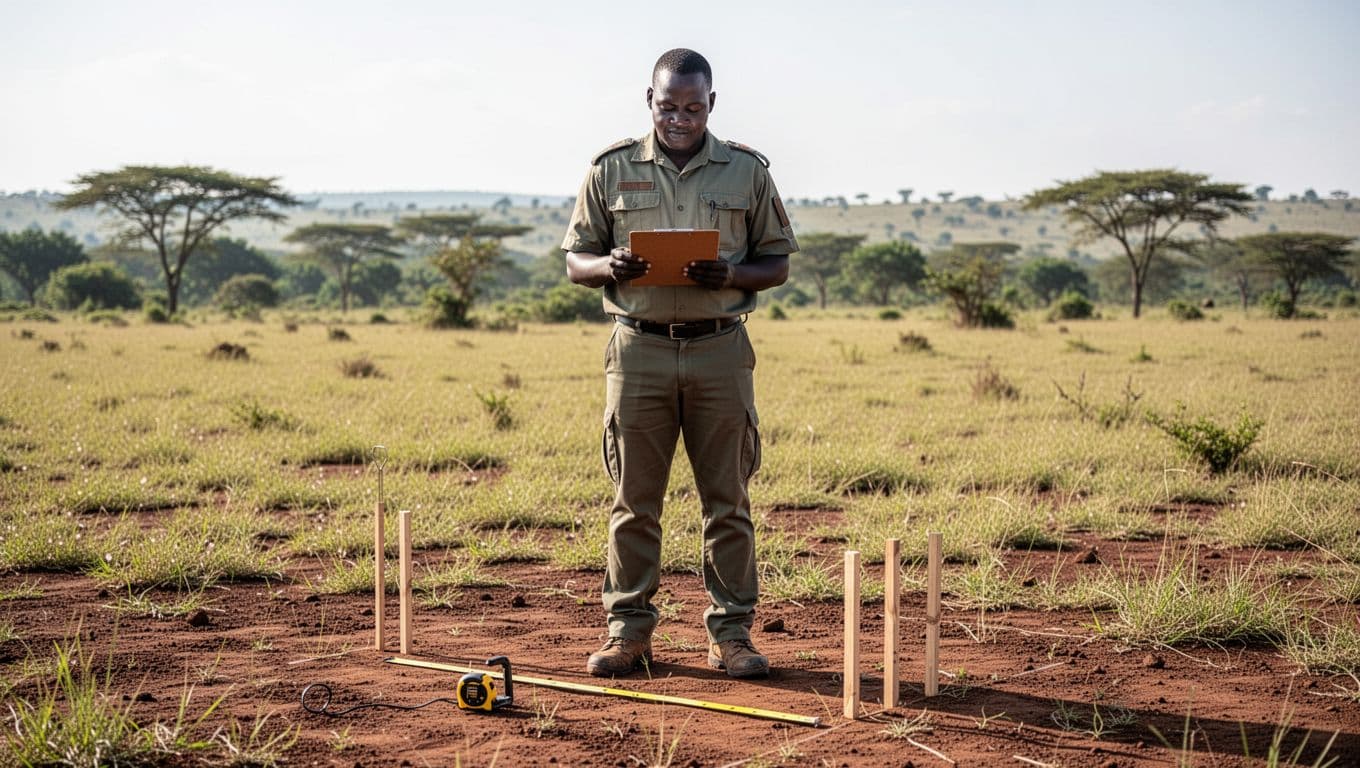 A Kenyan property buyer stands relaxed at a rural land plot site, holding a clipboard and mentally checking an invisible safety checklist, with surveyor tools like measuring tape and pegs nearby on the ground in bright outdoor daylight.