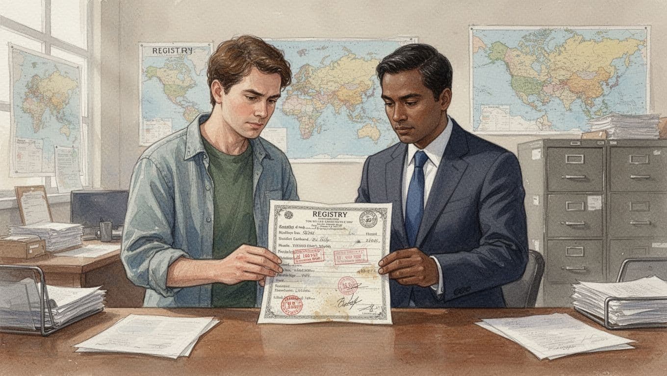 A cautious Kenyan buyer in casual attire and an advocate in a suit examine a suspicious property title document showing tampering signs like mismatched stamps and faded ink at a lands registry desk, in watercolor style with warm earth tones.