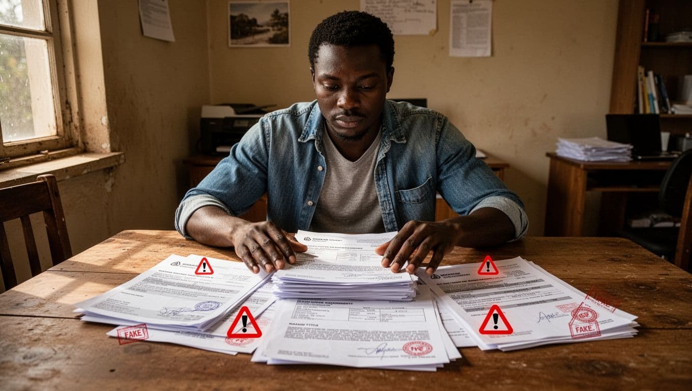 A Kenyan buyer in casual attire identifies fraud red flags like fake stamps and mismatched details on suspicious land title documents and broker agreements spread on a wooden table in a modest home office, with subtle red warning icons overlaid.