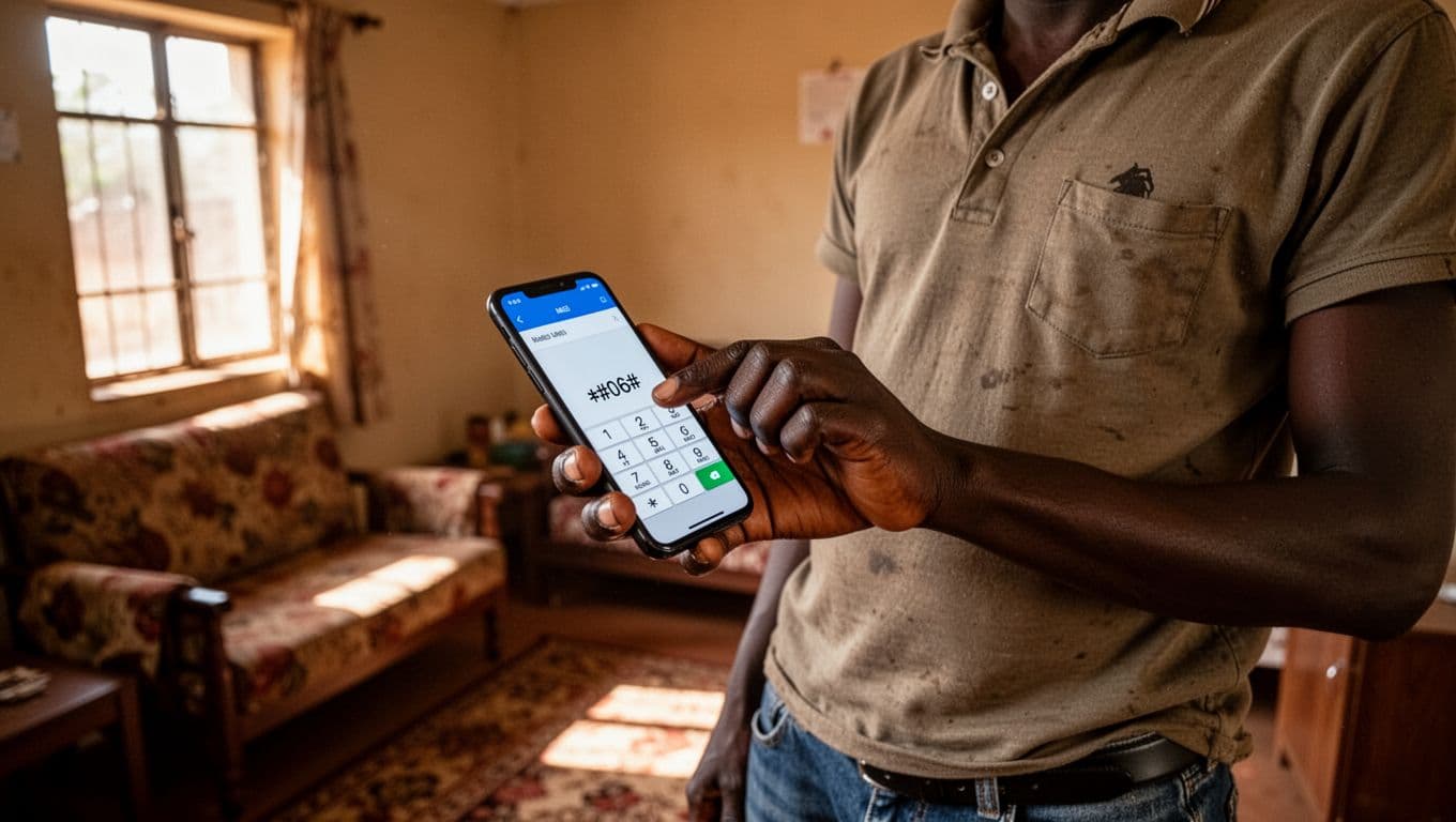 A Kenyan person in casual clothes sits at home in a simple living room with natural window light, dialing *#06# on a smartphone keypad with a relaxed hand pose to check the IMEI number.
