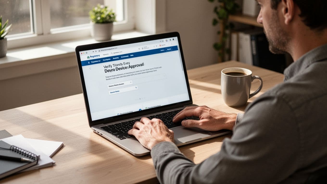 A Kenyan adult relaxes in a cozy home office, browsing the Communications Authority (CA) website on a laptop to verify phone type approval. Natural light illuminates the desk with a nearby coffee mug, screen angled without readable text.