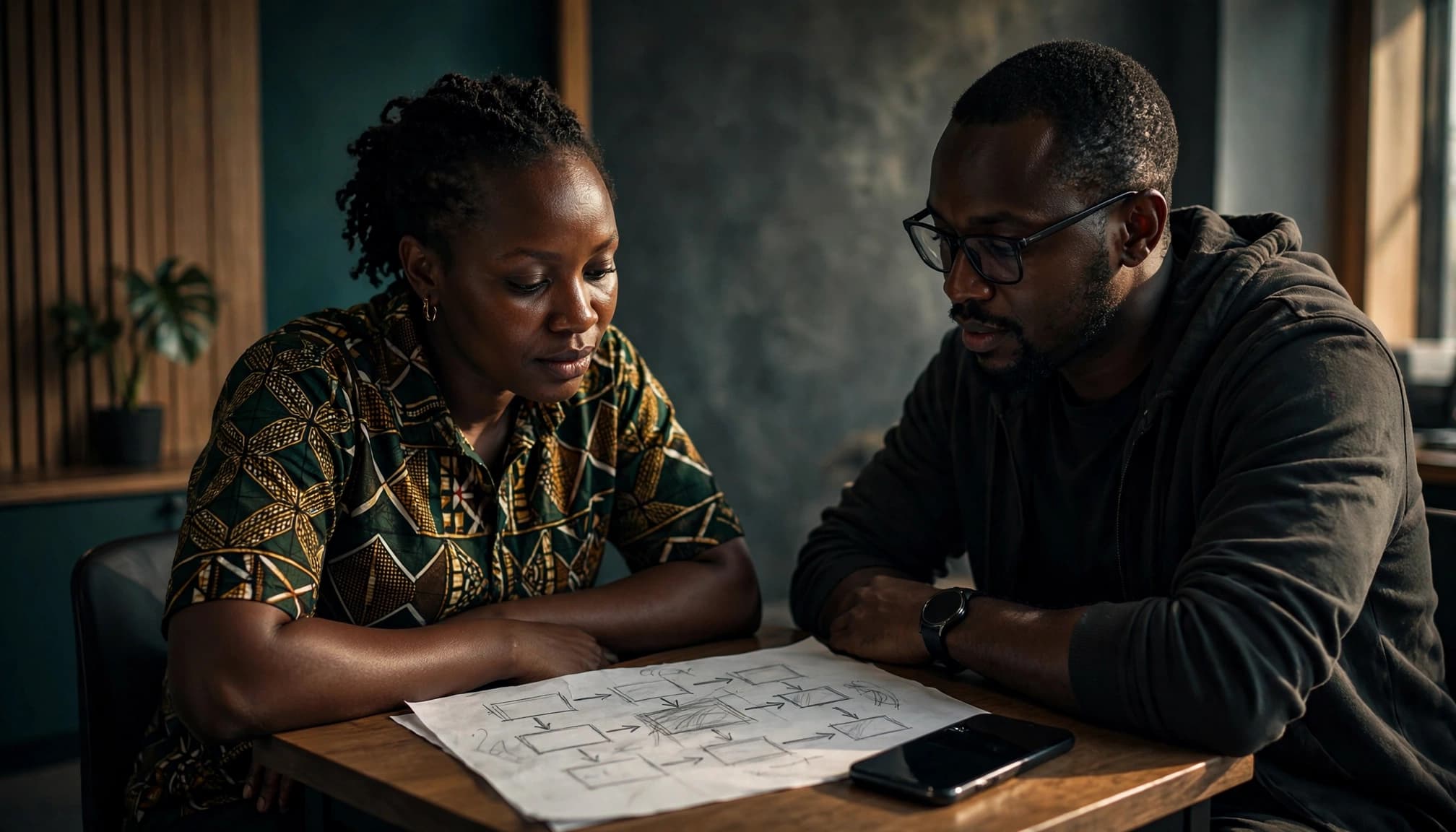 A business owner and developer review a payment sketch beside one smartphone.
