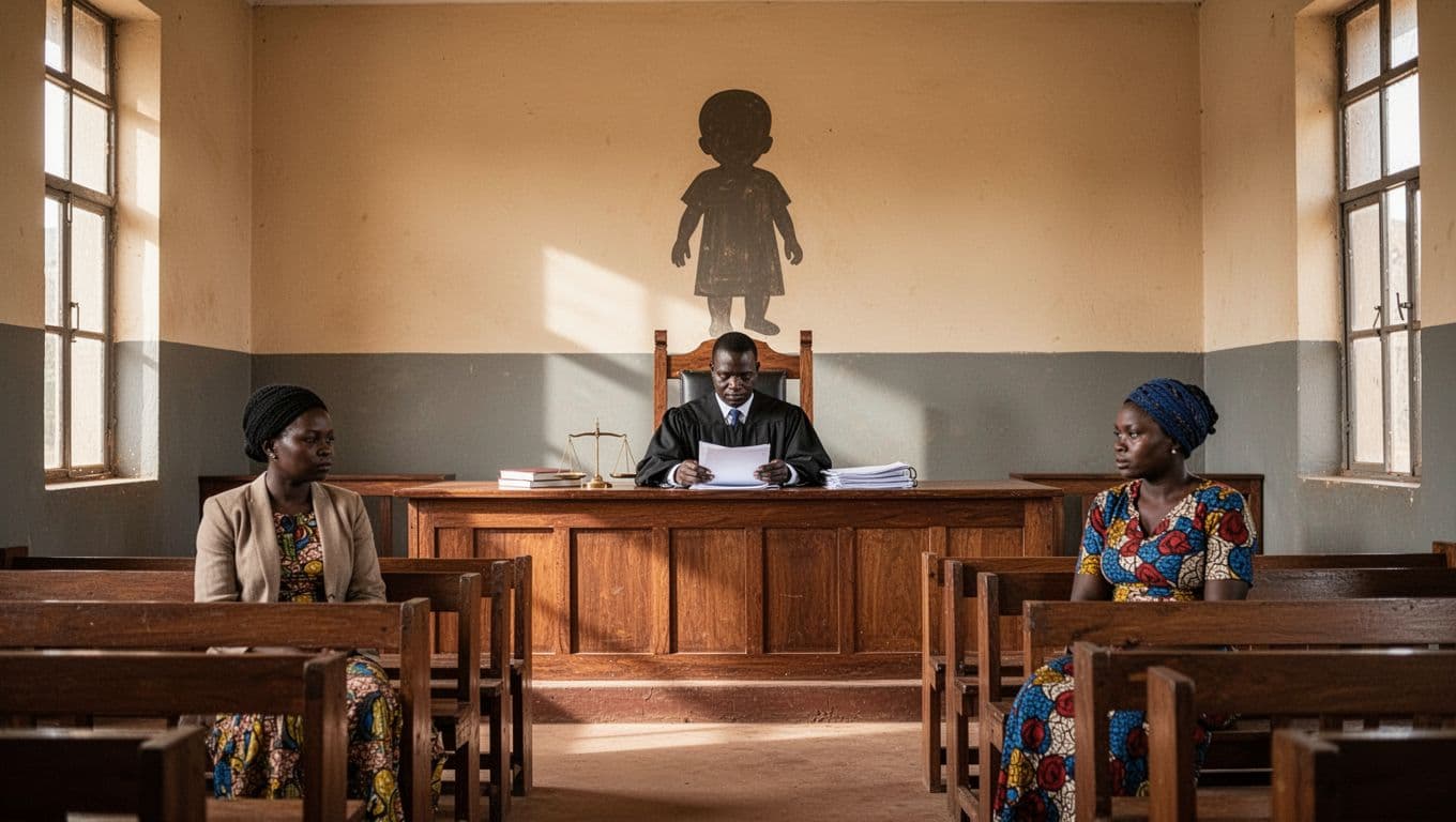 Kenyan family courtroom interior featuring a judge at the bench reviewing custody documents listing factors like welfare, age, wishes, and stability, with two parents seated separately in front rows and a symbolic child silhouette on the wall, in a professional serious mood with natural daylight.