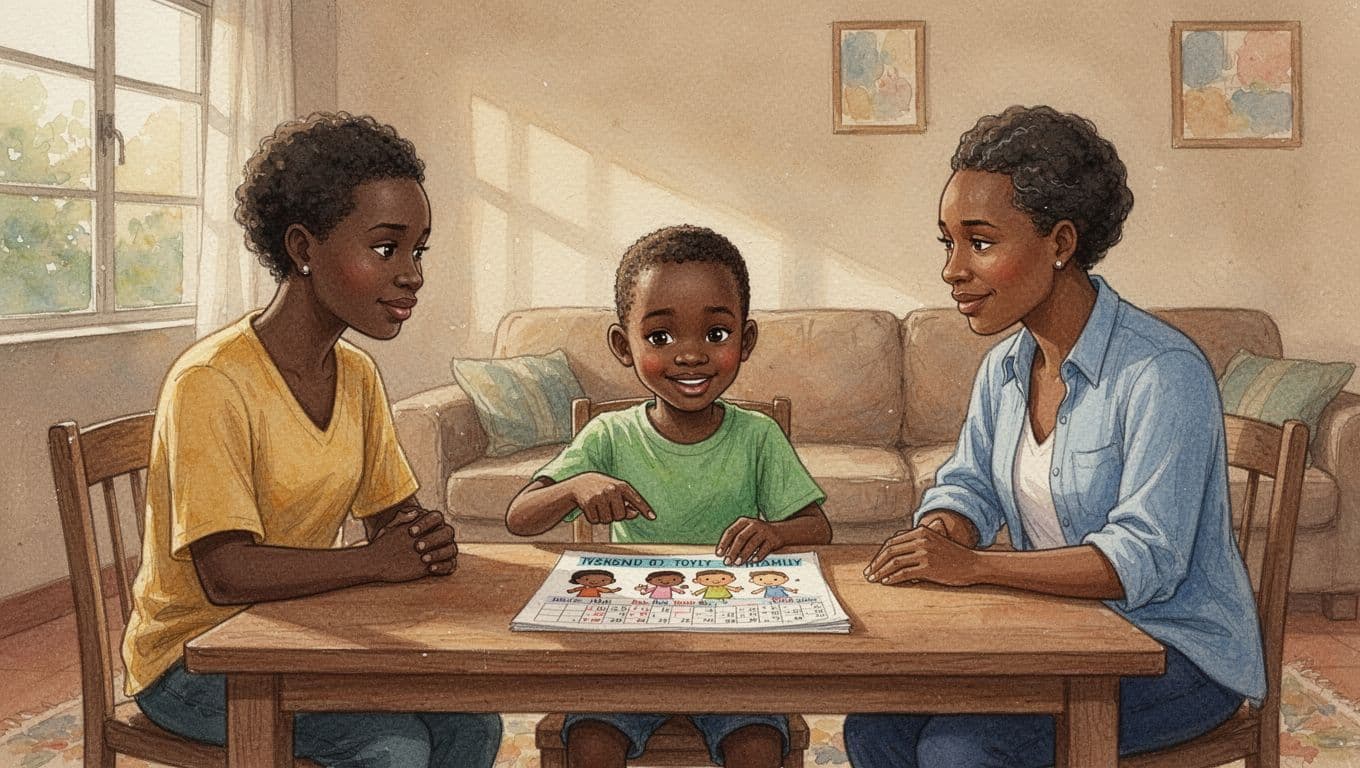 A 12-year-old Kenyan child sits at a wooden table in a cozy Nairobi living room with both parents, gesturing to a simple family calendar drawing while sharing wishes, as parents listen attentively amid warm afternoon light, in watercolor style.