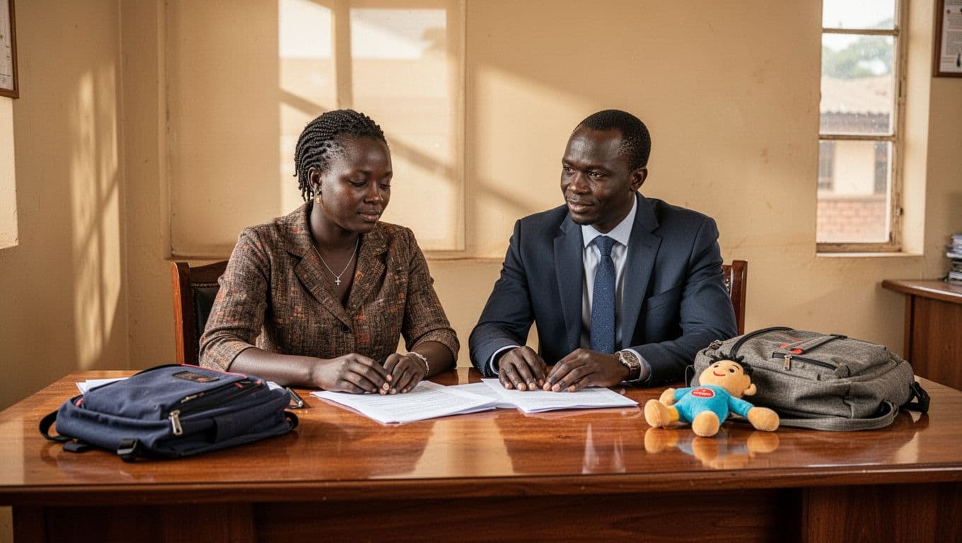 A Kenyan single parent sits relaxed with a lawyer at a wooden desk in a calm Nairobi office, reviewing child maintenance affidavit and payment documents. Nearby school bag and one child toy emphasize the child's needs, illuminated by natural window light.