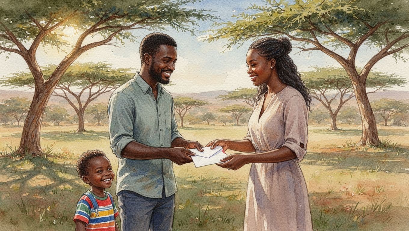 Kenyan father hands envelope to smiling mother with young child nearby in sunny park featuring acacia trees, watercolor style with soft blending, warm sunlight, and vibrant Kenyan landscape tones.