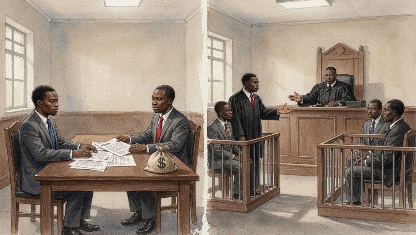 Split watercolor painting contrasting calm civil litigation with one plaintiff and defendant at a table on the left, and tense criminal case with prosecutor pointing at defendant before judge on the right, in traditional Kenyan courthouse.