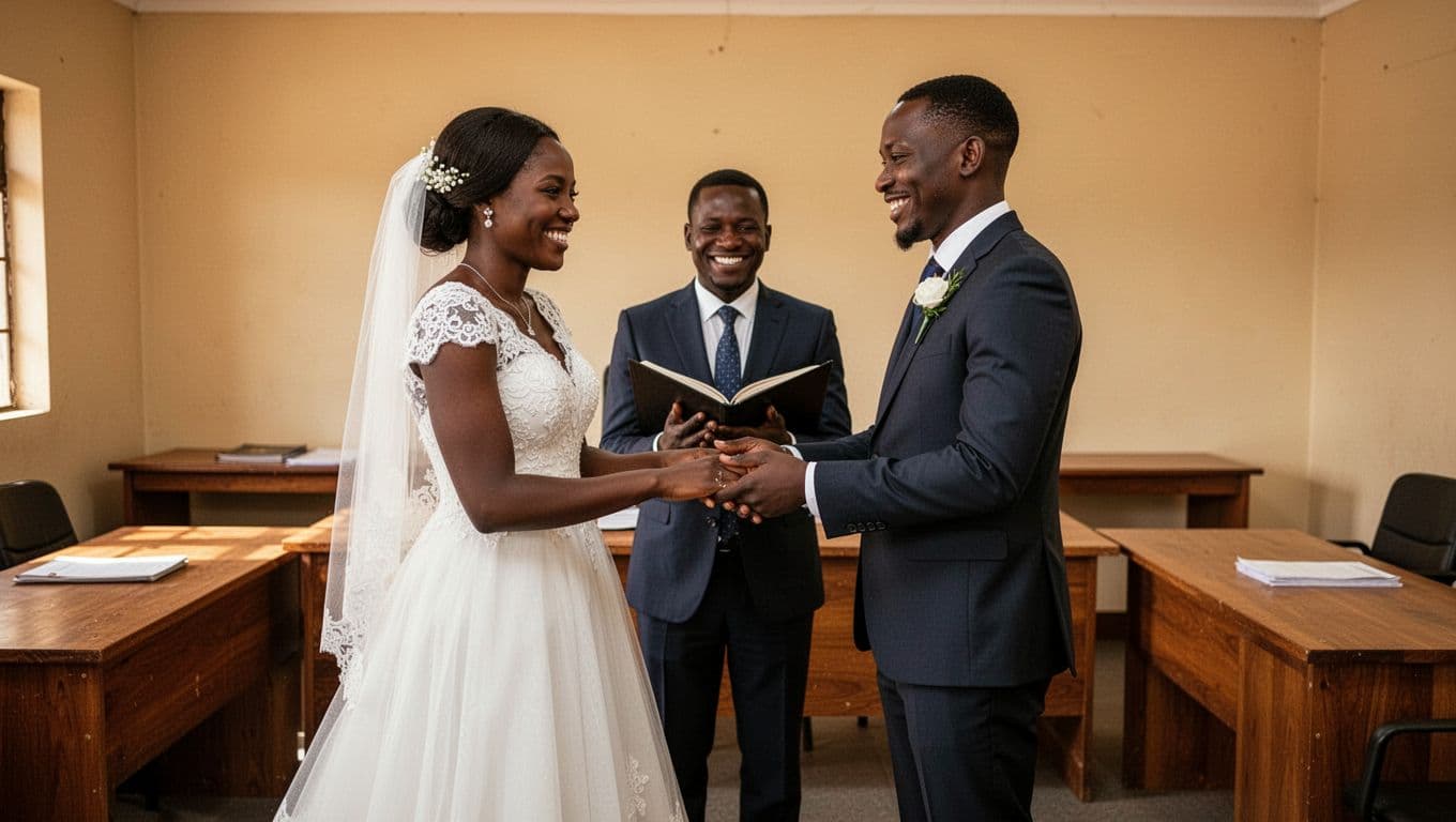 A joyful Kenyan couple exchanges vows in a simple civil wedding ceremony at the Attorney General office registry, with the bride in a white dress and groom in a suit, officiated by one person under warm indoor lighting.