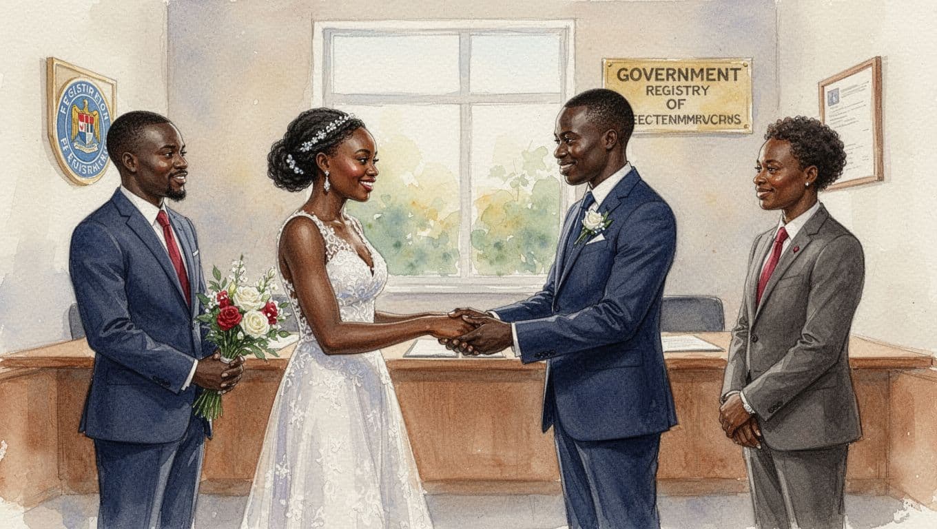 A Kenyan couple in smart modern attire exchanges vows before a registrar and exactly two witnesses in a simple government registry office, illuminated by soft natural window light, in watercolor style with warm tones and visible brush textures.