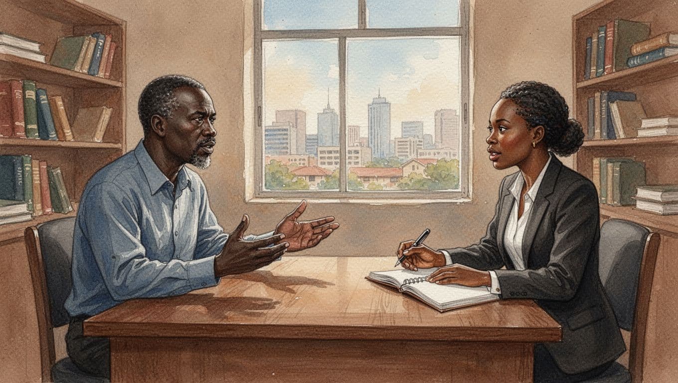 A middle-aged Kenyan male client gestures while asking questions across a wooden desk from a female advocate explaining with an open notebook in a simple Kenyan law office, watercolor style with earth tones.