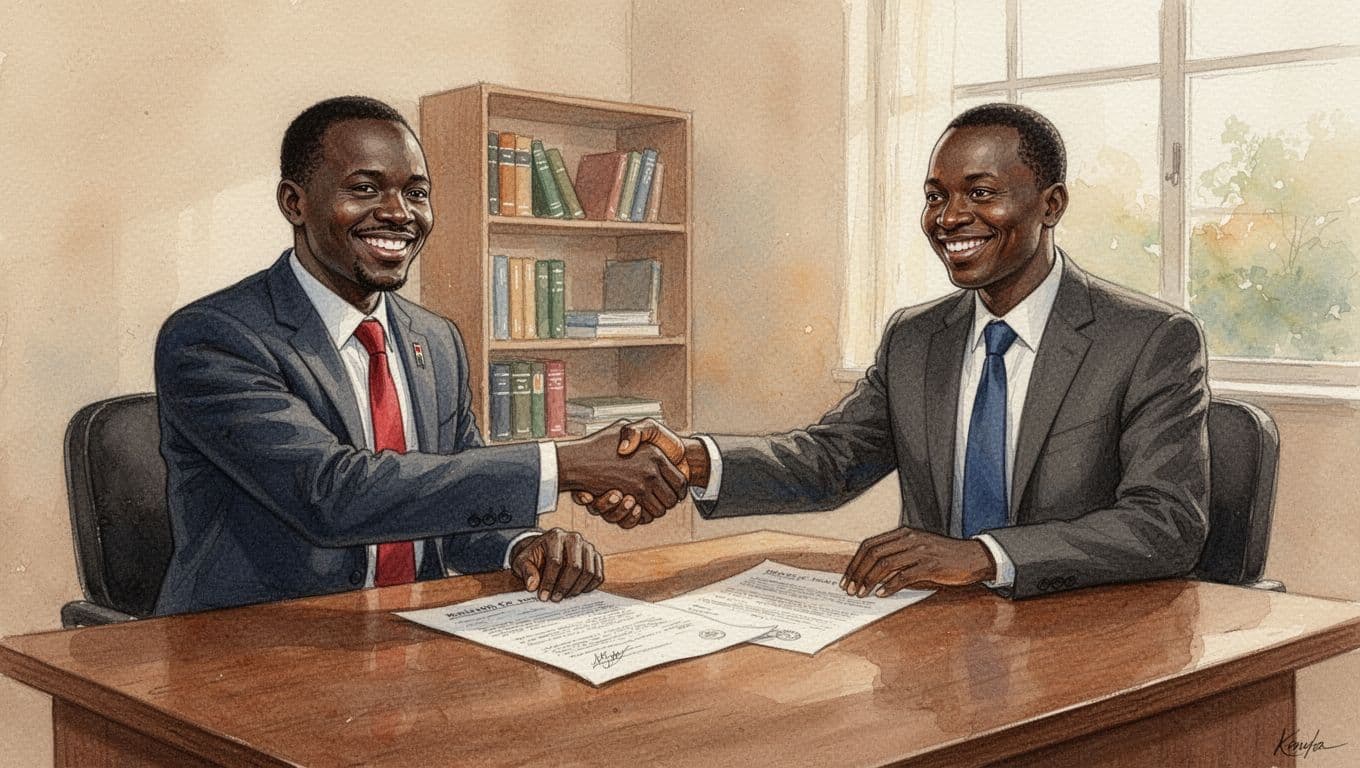 A Kenyan male client and advocate shake hands confidently over a signed legal agreement on a wooden desk in a law office, watercolor style with earth tones and soft brush textures.