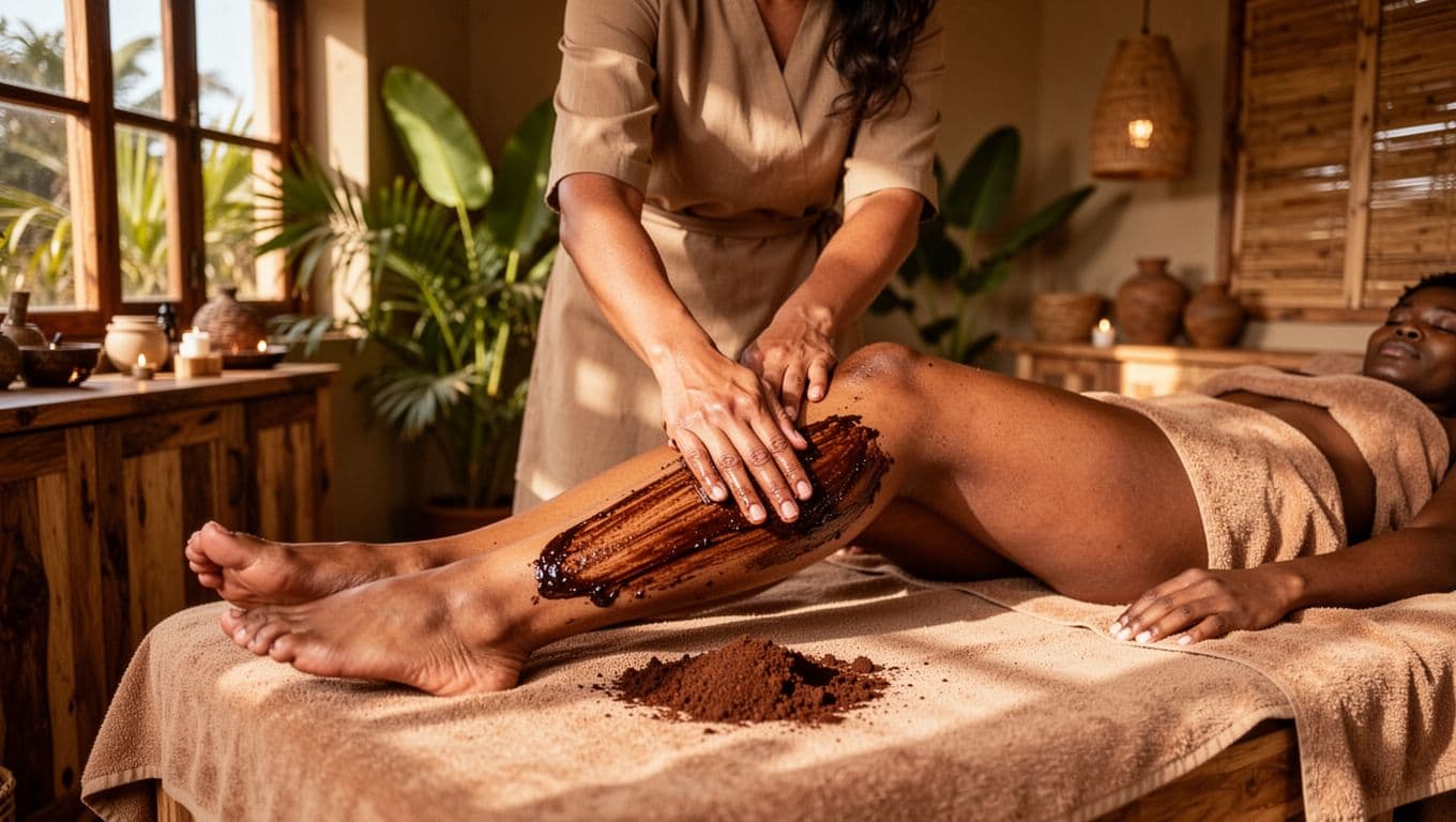 A therapist gently applies Kenyan coffee polish using local grounds to the legs of a relaxed client on a treatment table in a sunlit Nairobi spa room with wooden elements, tropical plants, and earthy tones.