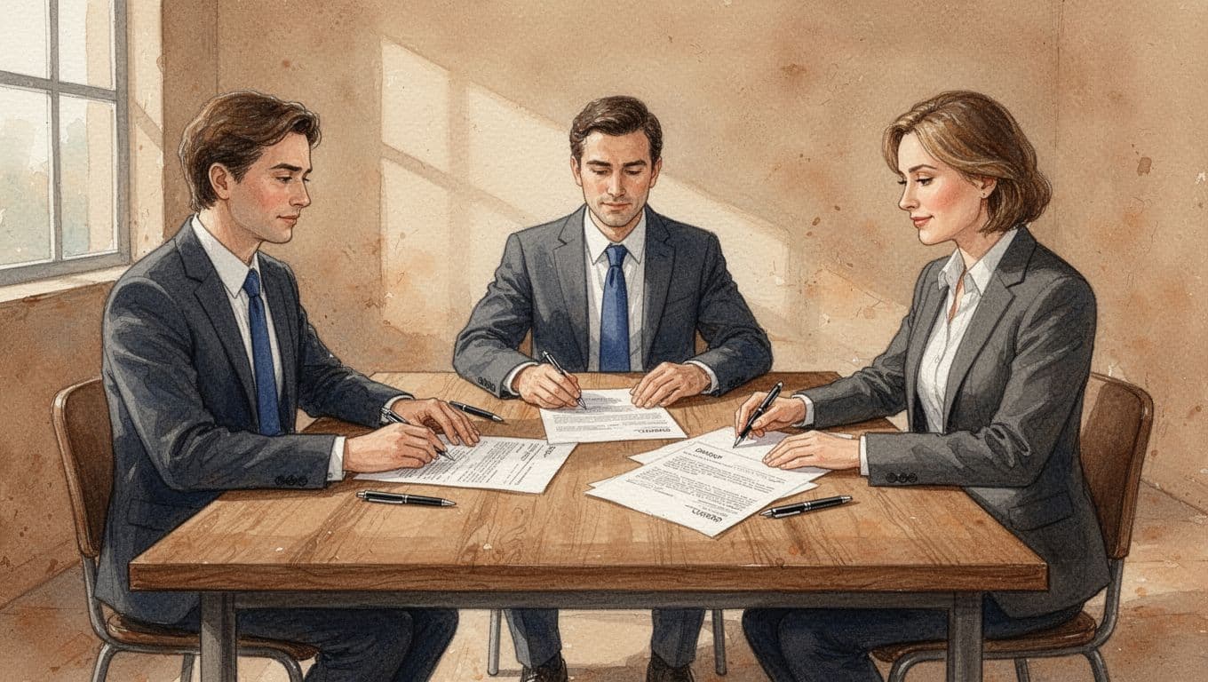 Three Kenyan company directors in a simple office sit around a wooden table reviewing contract papers with pens nearby, captured in a medium shot with a professional yet relaxed atmosphere. Watercolor painting style features soft blended colors, visible brush strokes, and warm earthy tones.