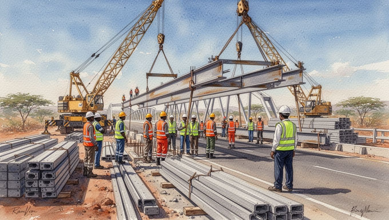 Watercolor-style depiction of a bustling Kenyan construction site where safety-geared workers and a supervisor build a sturdy road bridge under clear skies, with cranes, neat material stacks, and a hazard-free compliant atmosphere.