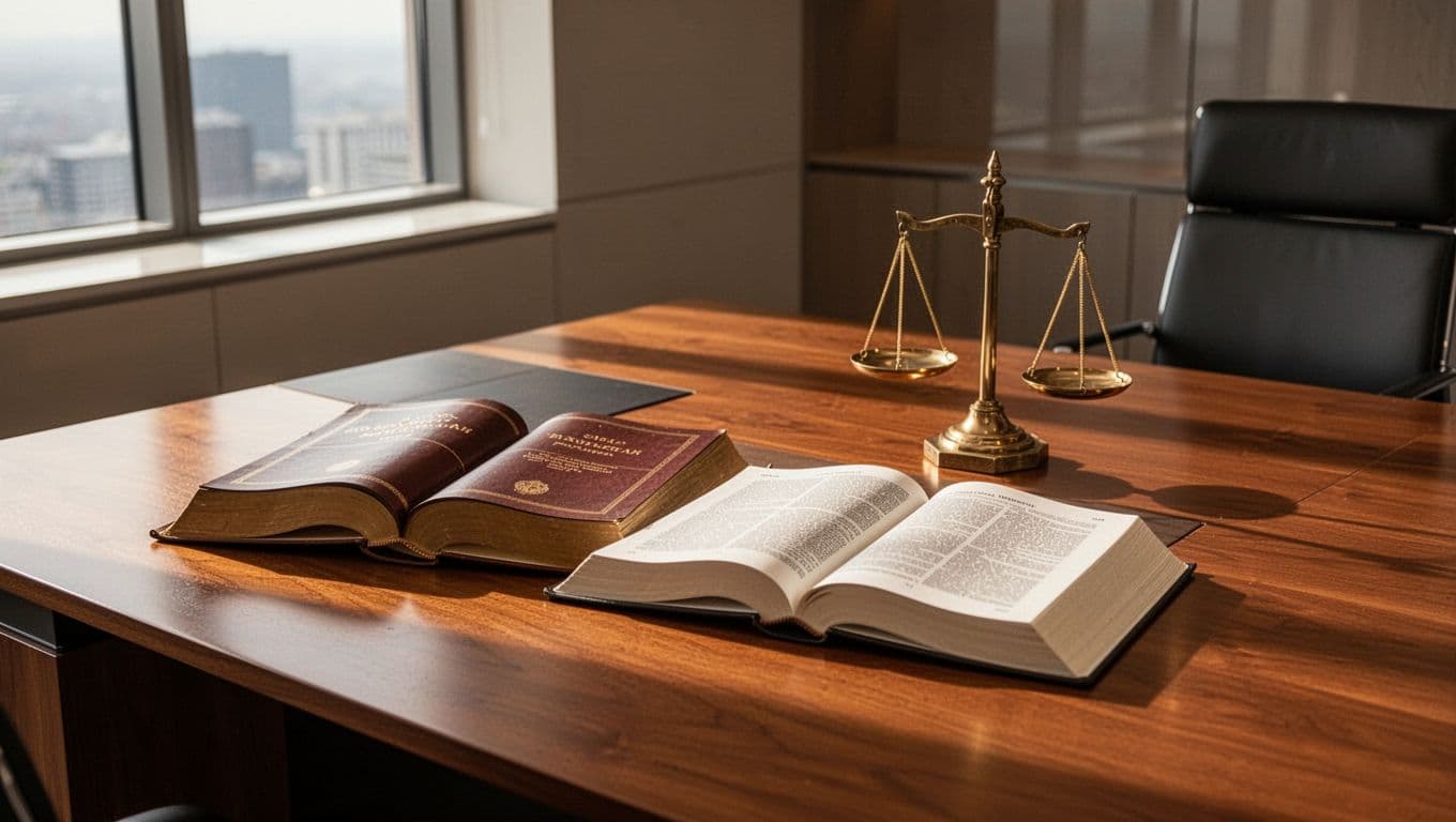 Open Kenyan Constitution and Arbitration Act books on a polished wooden desk in a modern law office, with a subtle scales of justice sculpture under warm natural light.