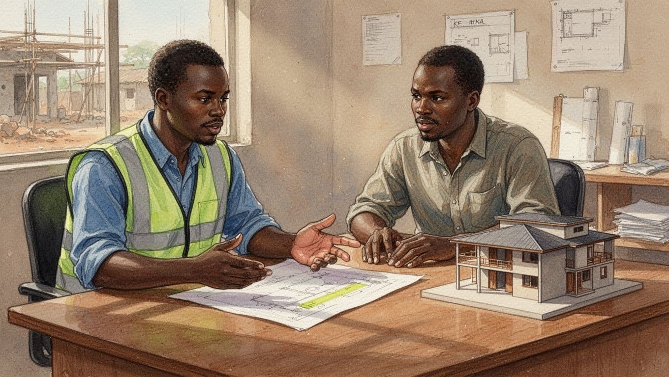 Watercolor style illustration depicting a contractor in work vest and client in shirt at a desk in a Kenyan construction office, examining a contract with highlighted sections on payments, delays, defects, and safety, alongside a small model of a completed building.
