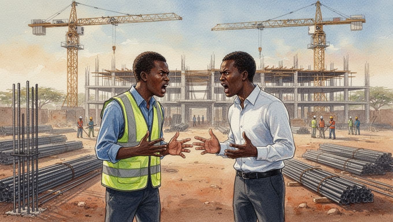 Watercolor-style image of a contractor in safety vest and client in business shirt engaged in a heated argument on a dusty Kenyan construction site, with frustrated expressions, blurred background workers, looming cranes, and warm afternoon shadows.