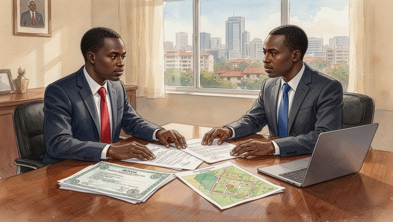 Kenyan buyer and experienced conveyancing lawyer in professional suits sit across a wooden desk in a bright Nairobi law office, reviewing land title documents, sale agreement, and plot map, watercolor style with warm earth tones.