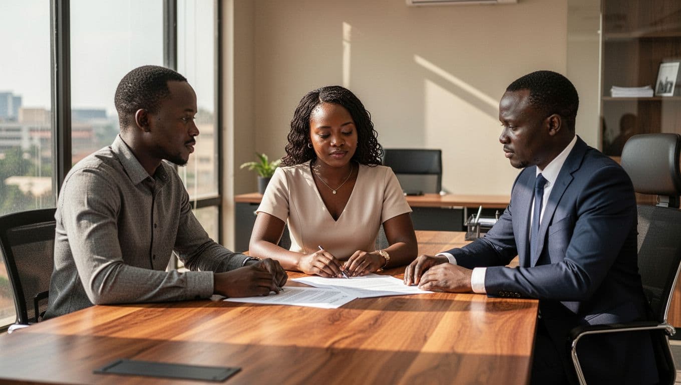 Kenyan couple meets lawyer in modern Nairobi office around wooden desk with divorce documents, marriage certificate, notebooks; calm focused expressions, natural daylight.