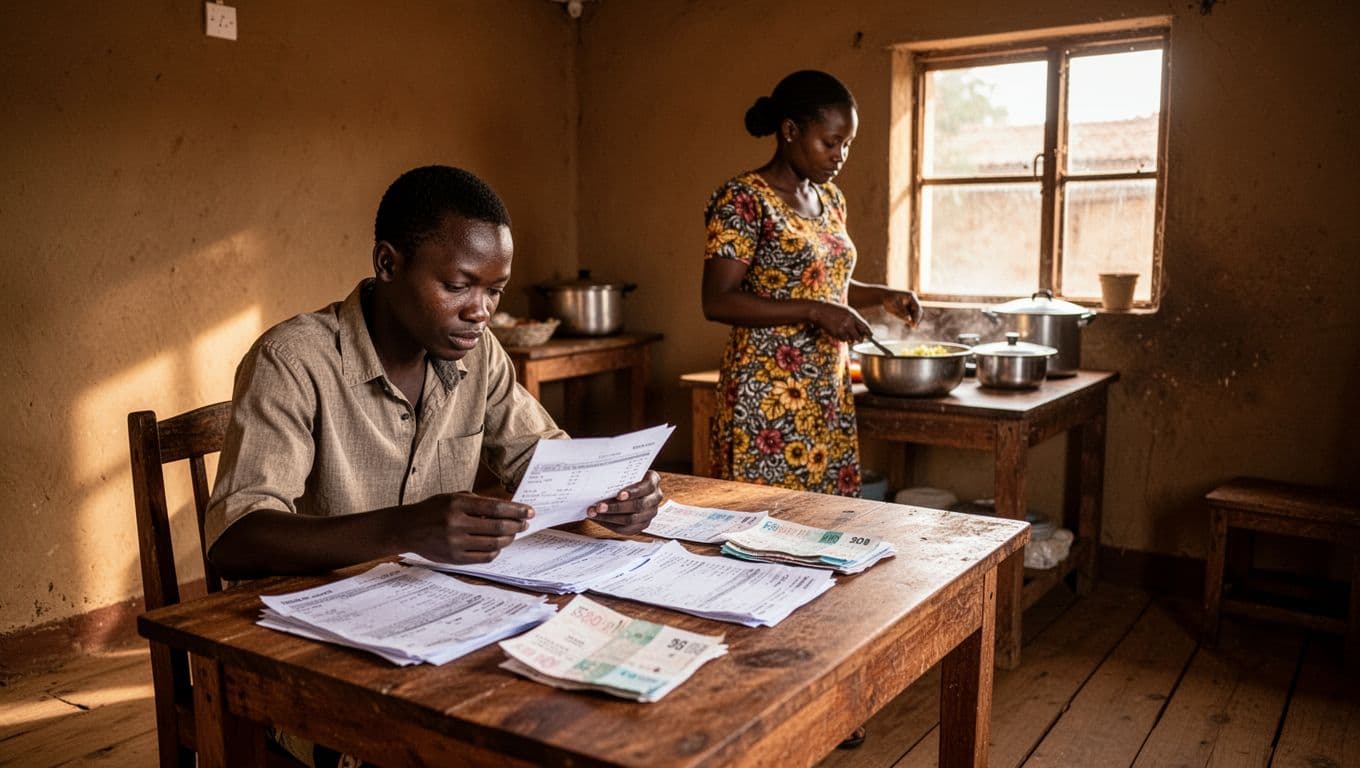 In a modest Kenyan home, one adult reviews financial documents and bank statements at a wooden table, while the other handles homemaking tasks like folding laundry, with a young child playing nearby under warm natural light.