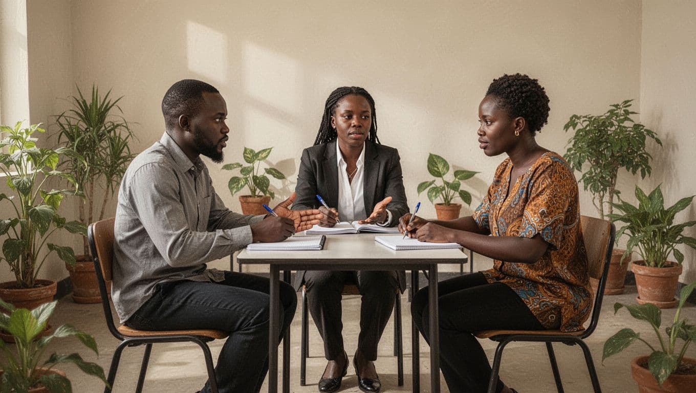 A Kenyan couple and mediator sit around a small table in a neutral community center with plants and soft lighting, calmly discussing with notebooks and dialogue gestures. Watercolor style with soft blending, visible brush texture, and warm tones.