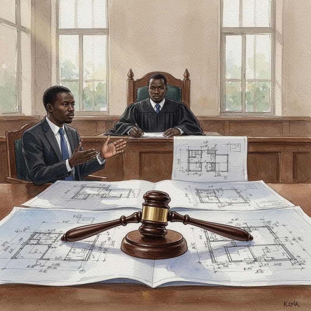 Watercolor-style Kenyan courtroom scene featuring exactly two judges and one lawyer examining construction plans and zoning documents from the Mombasa case, focused on gavel and blueprints to illustrate building collapse prevention.