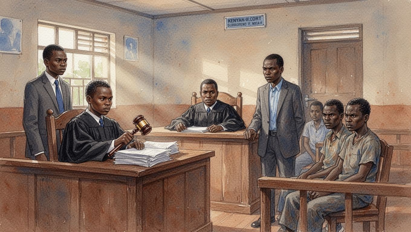 Kenyan courtroom interior with one judge at bench holding gavel above data protection enforcement documents, one lawyer standing nearby, one tense defendant seated, modest wooden furniture, natural window light, watercolor style with soft blending, brush texture, warm earth tones and blues, no extra people, no text, no logos.