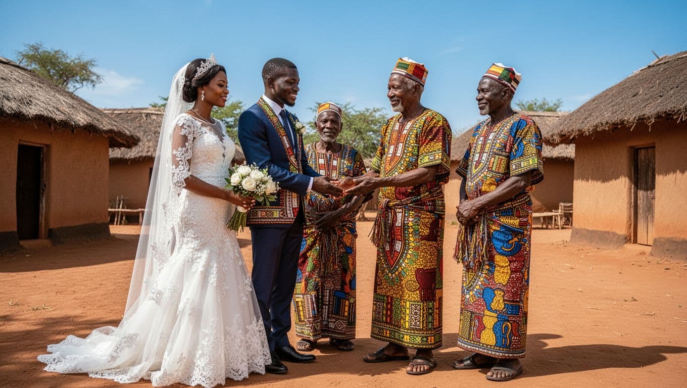 Kenyan customary wedding ceremony with community elders, bride, and groom in traditional attire in a vibrant outdoor village setting under clear sky, featuring exactly five people in relaxed poses with natural daylight.