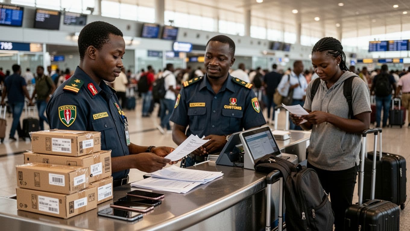 Kenyan customs officer at airport counter checks documents from importer with boxes of smartphones nearby; traveler fills F88 form in busy terminal background, relaxed poses, natural lighting, realistic photo.