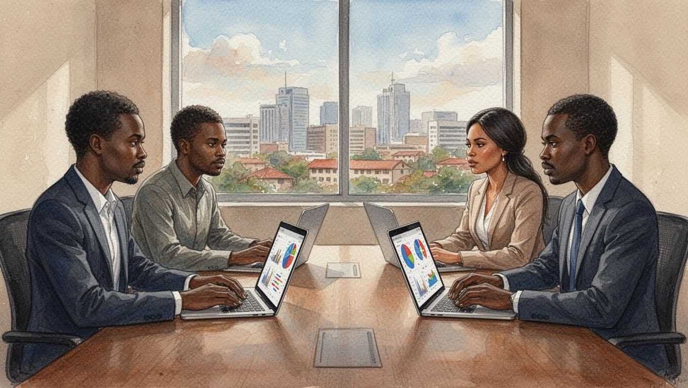 Watercolor-style image depicting exactly four Kenyan cyber enforcement professionals seated around a conference table, reviewing laptops with abstract network maps and threat icons in a relaxed discussion pose, set in a Nairobi office with city skyline through the window, using warm earth tones and visible brush textures.