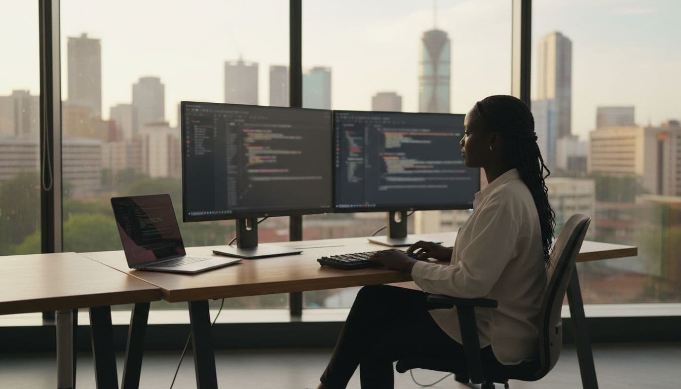 A Kenyan software developer seated at a desk in a modern Nairobi office with dual monitors showing blurred code for M-Pesa payment API setup, hands on keyboard, city skyline through the window, warm afternoon light.