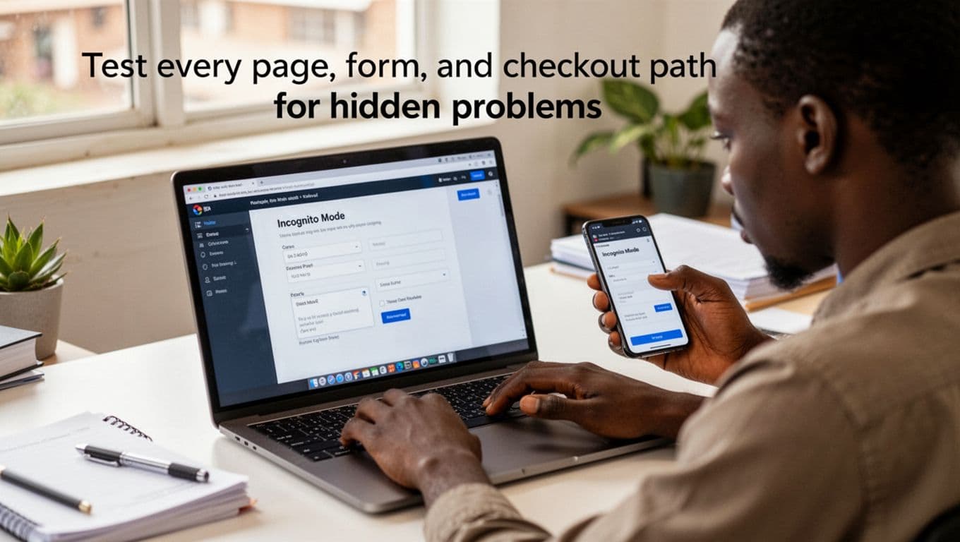 A focused Kenyan web developer in a bright Nairobi office tests a website on a laptop in incognito mode with a smartphone nearby, checking forms and pages side by side under natural daylight.