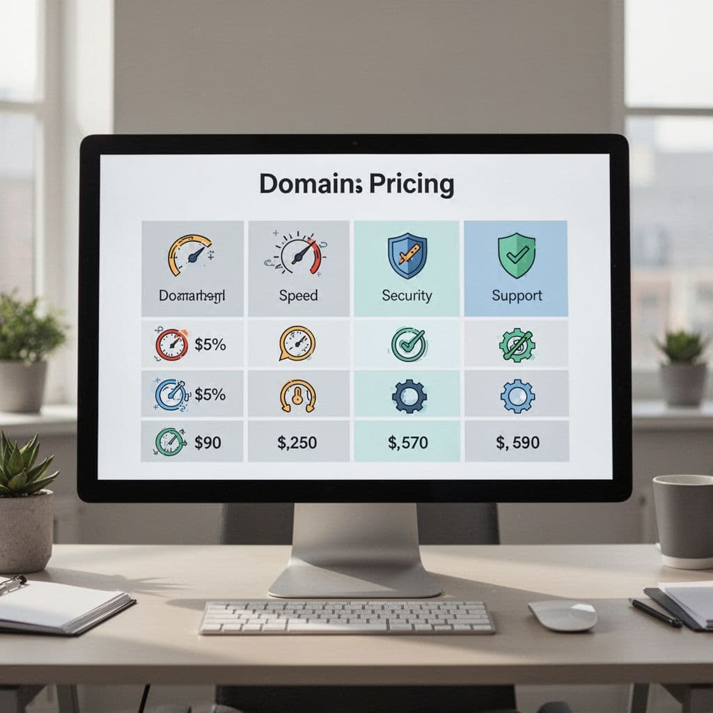 Clean comparison chart mockup on a digital screen displaying pricing icons for Kenyan domain registrars like .co.ke and .com, with simple icons for speed, security, and support in a modern flat design illustration on a neutral office background.