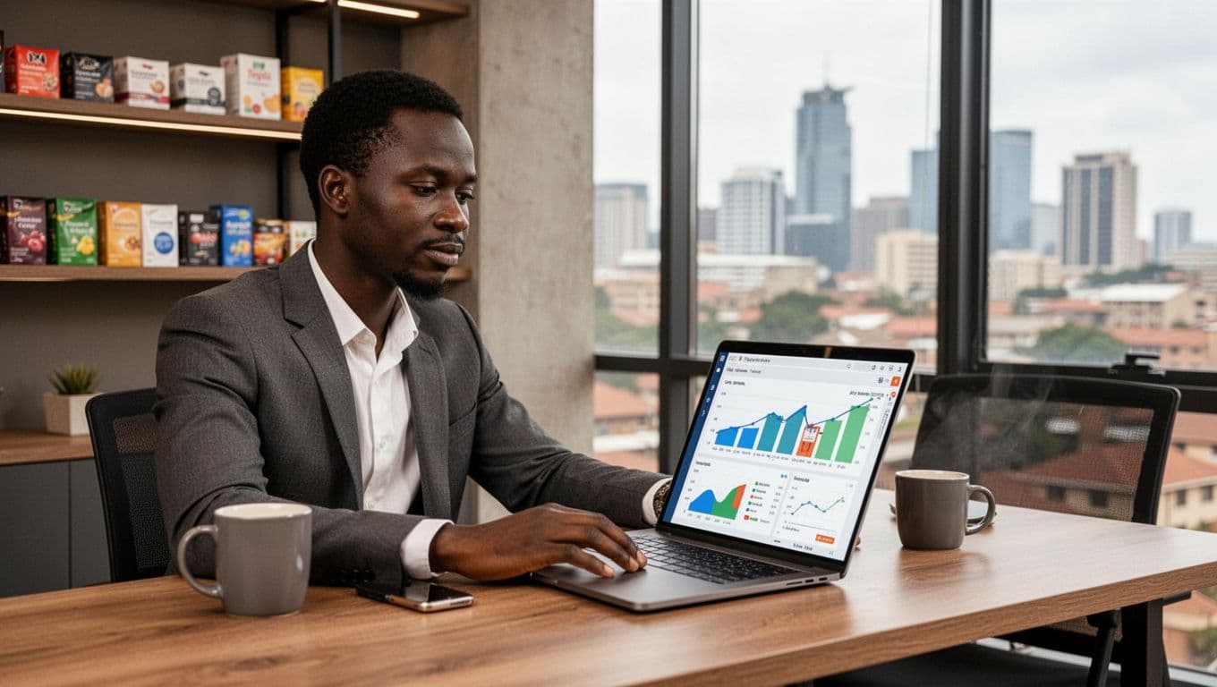 Kenyan e-commerce business owner in modern Nairobi office reviews sales on open laptop with coffee mug nearby, subtle product shelves, and city skyline through window.