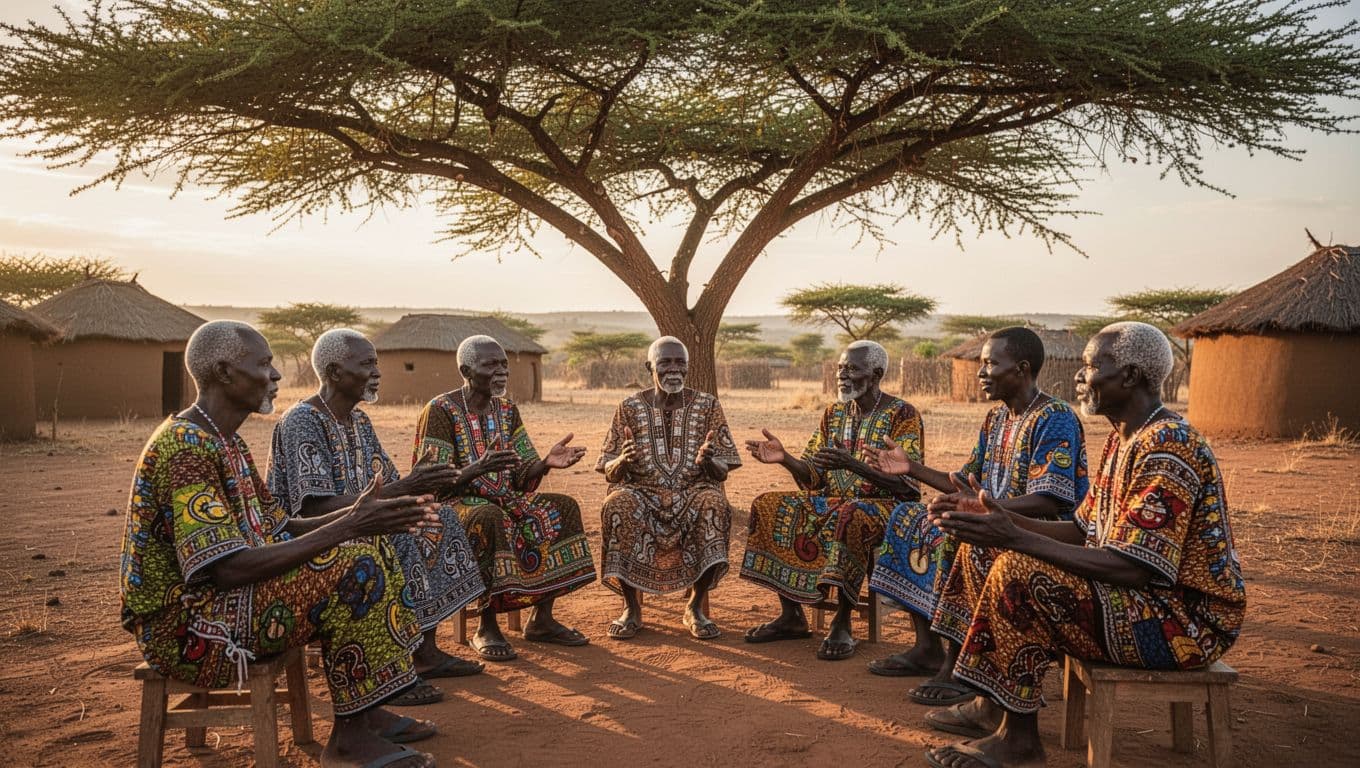 Kenyan elders in colorful traditional attire seated in a circle under an acacia tree in a sunny rural village, peacefully discussing a community dispute with gestures in warm golden hour lighting.