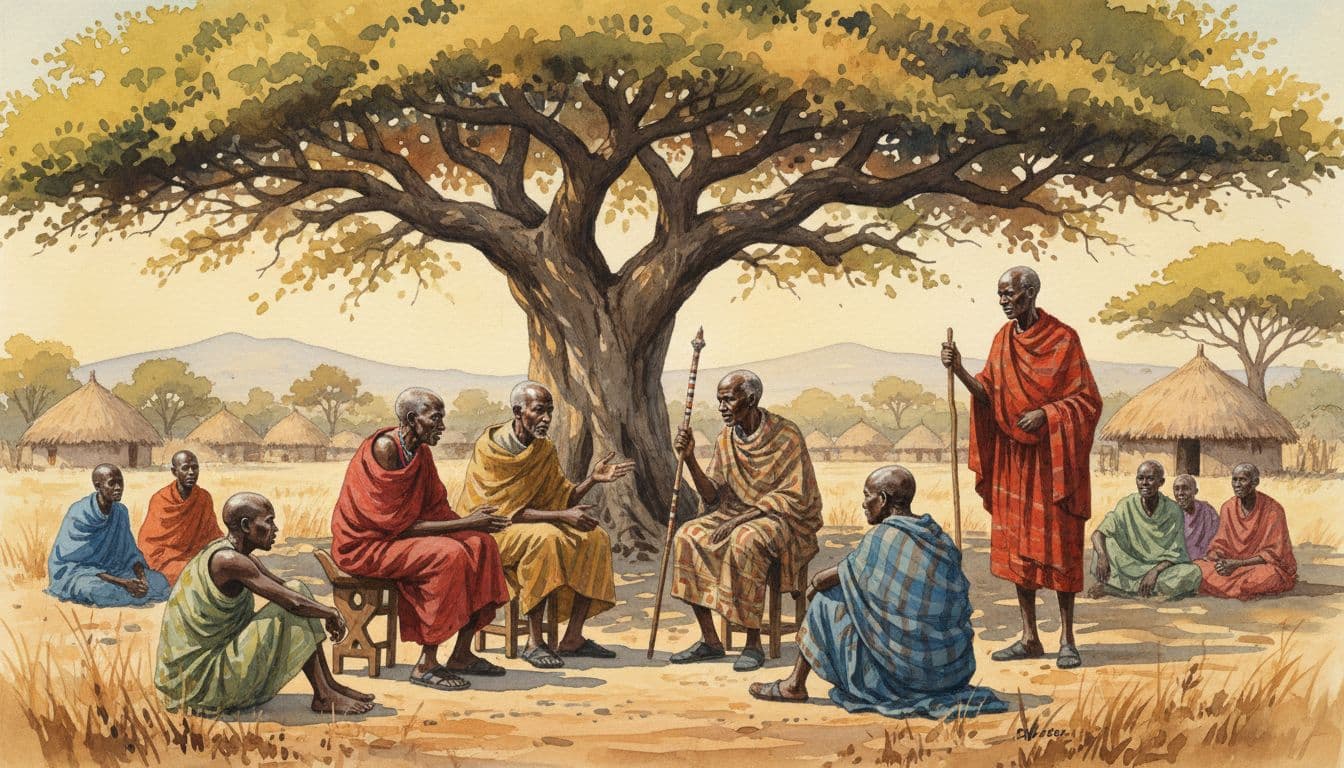 Elder Kenyan men in traditional attire sit under a large tree in a peaceful village, discussing a community dispute with attentive listeners around them. Watercolor style featuring soft blending, visible brush texture, and golden hour lighting with exactly five people.