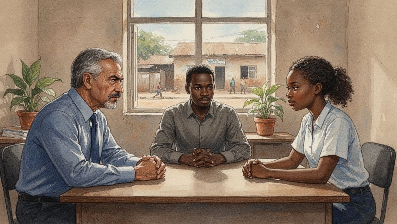 Stern middle-aged male boss and young female employee sit across from neutral male mediator in a simple modest Nairobi office, leaning in for calm discussion in watercolor style with soft blending.