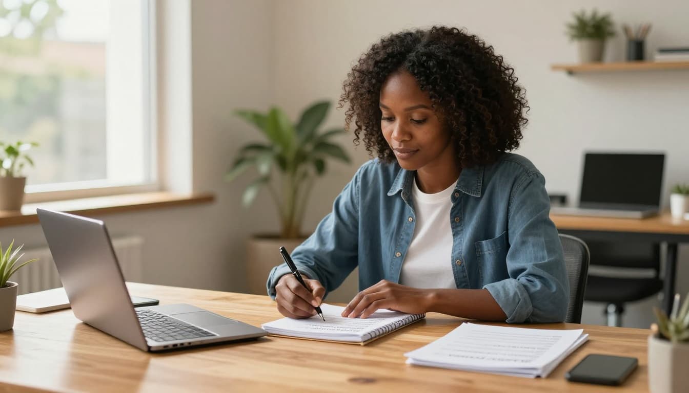 A relaxed Kenyan entrepreneur in a bright Nairobi office sits at a wooden desk with an open notebook listing business name ideas like nairobicoffee and kenyaflorists, holding a pen, laptop closed nearby, warm sunlight from window, realistic photo.
