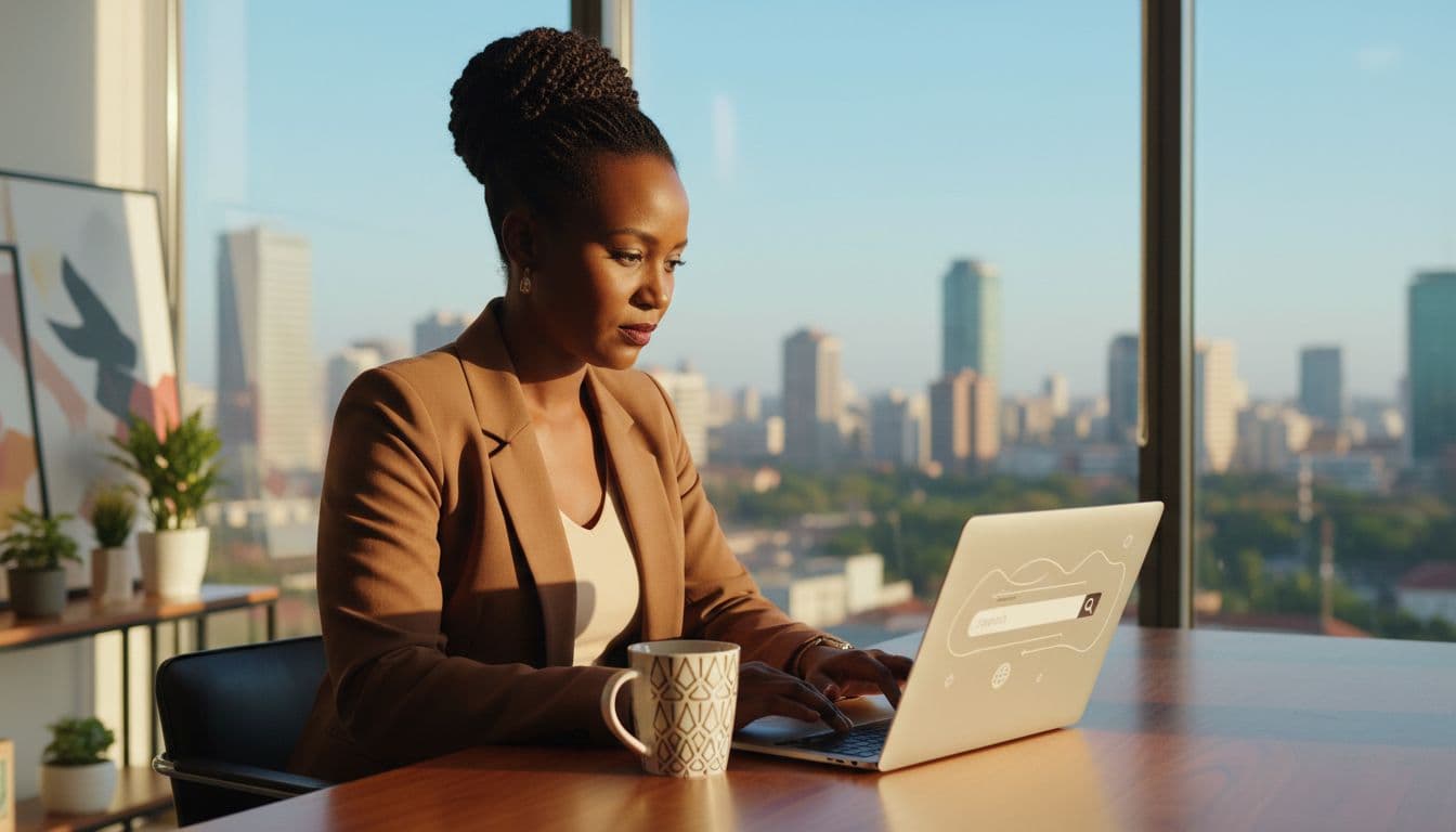 A focused Kenyan entrepreneur sits at a desk in a modern Nairobi office, laptop open to a domain search page, with a coffee mug nearby and city skyline through the window, in realistic photography style.