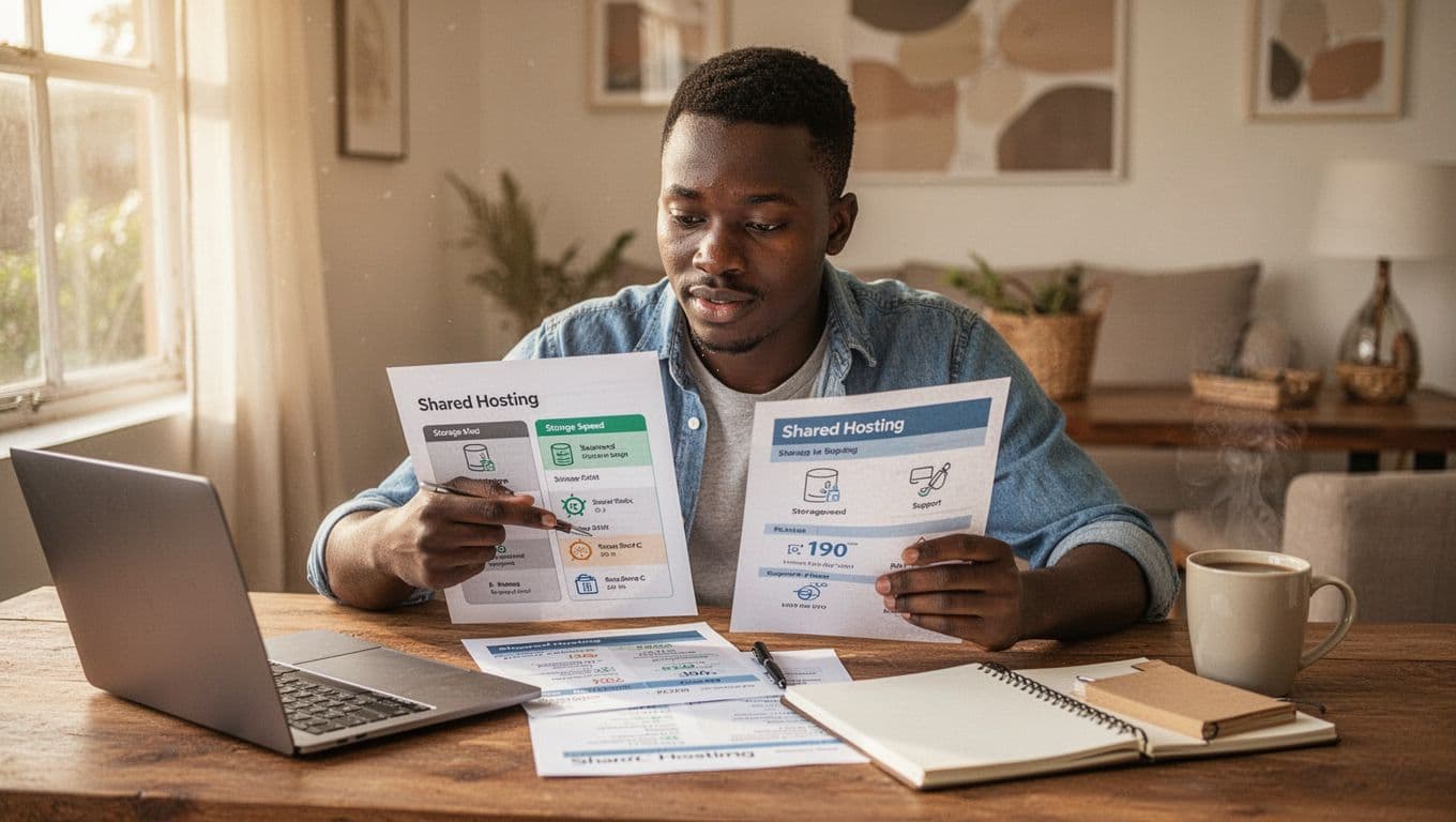 A young Kenyan entrepreneur sits at a wooden desk in a bright Nairobi home office, reviewing printed spec sheets with icons for shared hosting plans' storage, speed, and support. He points relaxed with one hand, laptop and notebook nearby, coffee mug on desk, soft morning sunlight, realistic photo in warm neutral tones.