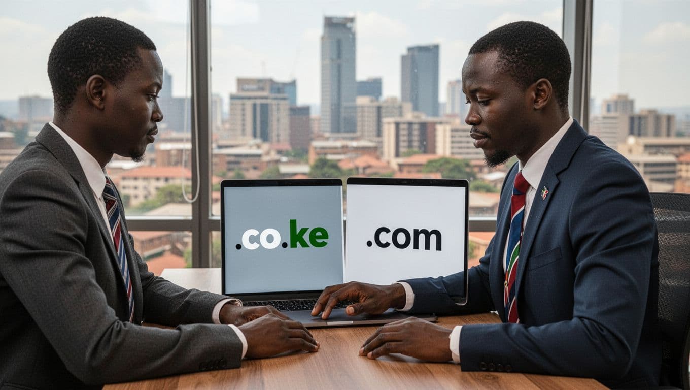 A Kenyan business professional in a modern Nairobi office examines a laptop screen displaying a split view of .co.ke and .com domains, with the city skyline visible through the window under natural daylight.