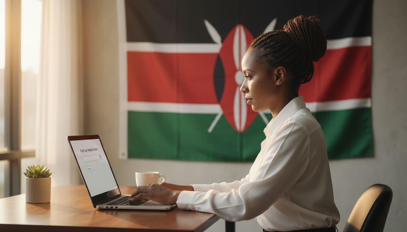 A Kenyan entrepreneur works at a desk in a Nairobi office, typing on a laptop displaying a blurred domain name search screen, with the Kenya flag in the background under warm natural lighting.